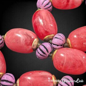 Vintage 1960s Red Lucite Beaded Necklace - 20" Pink-Red & Purple Beads